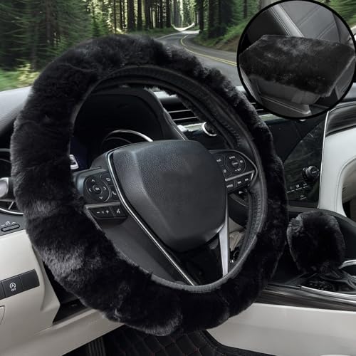 Furry Car Steering Wheel Cover with Fluffy Gear Shift Cover and Center Console Cover, Soft Warm Plush Non-Slip, 14 1/2-15 inch, for Women Girls 3 PCS Set, Black - color: 3 pcs set - black