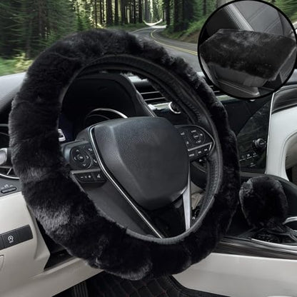 Furry Car Steering Wheel Cover with Fluffy Gear Shift Cover and Center Console Cover, Soft Warm Plush Non-Slip, 14 1/2-15 inch, for Women Girls 3 PCS Set, Black - color: 3 pcs set - black