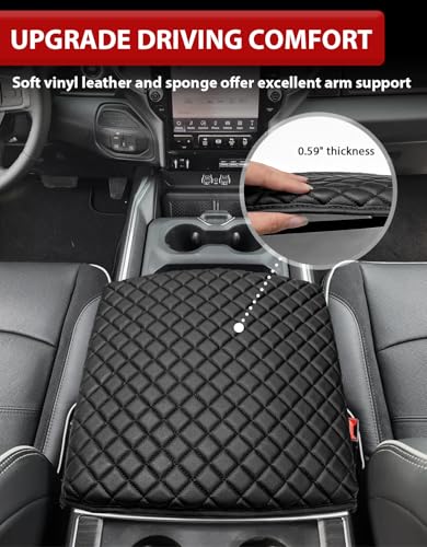 KBH Center Console Armrest Cover for Dodge Ram 1500 2500 3500 2019-2026, Floor Console Bucket Seat, Customized Front Arm Rest Lid Cushion Pad, Vinyl Leather, Anti-Scratch, Black