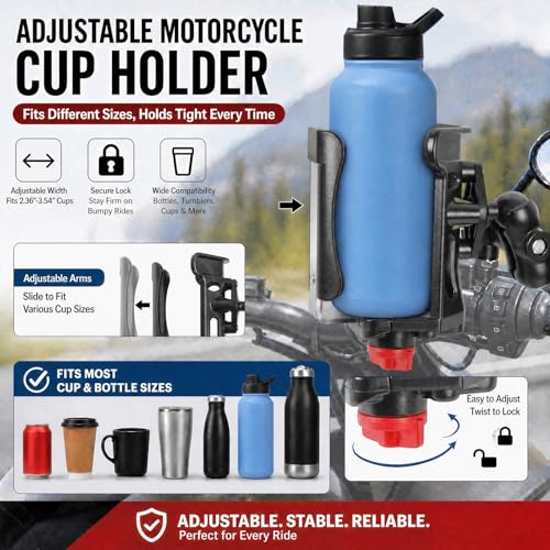 Motorcycle Cup Holder, Upgraded Adjustable Angle Drink Holder for Large Water Bottles (2.36" to 3.54" Dia), Universal Water Bottle Holder for Bike Scooter Boat Stroller Golf Push Cart Wheelchair