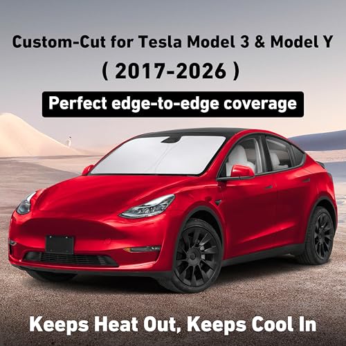 EcoNour Windshield Sun Shade Compatible for Tesla Model 3 & Model Y 2017–2026 | Custom Fit EV Front Window Sunshade | Foldable Heat & UV Reflective Sun Visor - size: Custom Fit