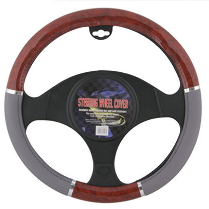 BDK Dark Wood Grain Car Steering Wheel Cover, Standard 15 inch with Gray Faux Leather Grip, Made to Fit Most Auto Truck Van SUV - color: #10 Gray / Dark Wood, size: Fits 14.5 - 15" Sw