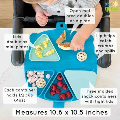 Silicone On-The-Go Snack Mat – Foldable Reusable Placemat with 3 Compartments and Lids – Travel-Friendly Baby and Toddler Snack Plate – Dishwasher Safe (Pebble) - color: Pebble