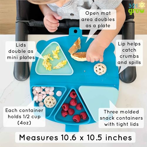 Silicone On-The-Go Snack Mat – Foldable Reusable Placemat with 3 Compartments and Lids – Travel-Friendly Baby and Toddler Snack Plate – Dishwasher Safe (Aqua) - color: Aqua