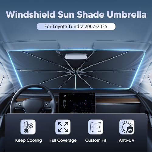 Autorder Windshield Sun Shade Umbrella for 2007-2025 Toyota Tundra Accessories,Upgraded Ice Crystal Material,Easy Setup Umbrella Sunshade for Car Windshield,100% Sun Blocking - size: Toyota Tundra 2007-Present