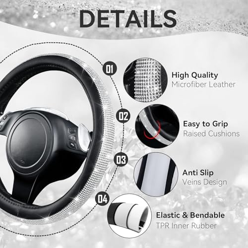 CAR PASS Bling Silver Diamond Leather Steering Wheel Cover, with Sparkly Crystal Glitter Rhinestone Universal Fit 13" 1/2-14" Small Car Wheel Protector for Women Girl Fit Car,SUV,Van,Sedan, Silver - color: Silver Diamond Leather Small