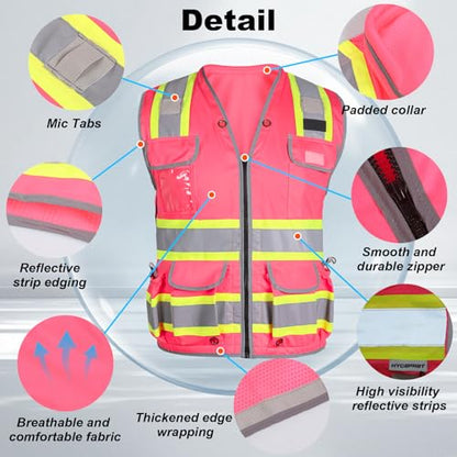 HYCOPROT Reflective Safety Vest Class 2 High Visibility Heavy Duty Construction Vest with Padded Neck,Meet ANSI/ISEA Standard - color: Pink, size: Medium