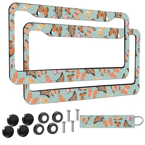 2pcs Brown Butterflies License Plate Frame for Women, Butterfly car Decorative tag Frames Girly,Inspirational Butterfly License Plate Cover Holder for Vehicle with Double Sided car Keychain tag - color: for brown butterflies