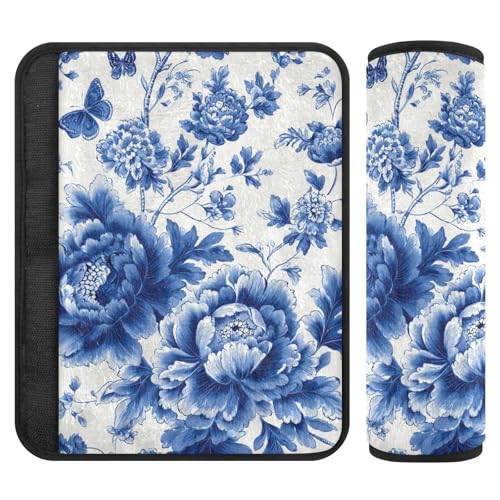 Blue and White Peony Flowers Butterfly Seat Belt Cover Pad 2 Pcs Soft Cute Seatbelt Covers Protector Support Head Neck Shoulder Strap for Car Seats High Chair Backpack for Adults Kids Women Men - color: Blue and White Peony Flowers Leaf, size: Small