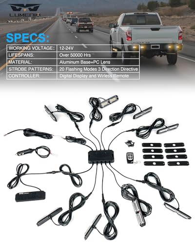 LUMENIX Grille Strobe Lights Kits for Trucks w/Controller, 8PCs High-Intensity LED Deck | Surface Mount Emergency Construction Vehicles Snowplow Towing Side Marker Flashing Warning Light- White Amber - color: White Amber