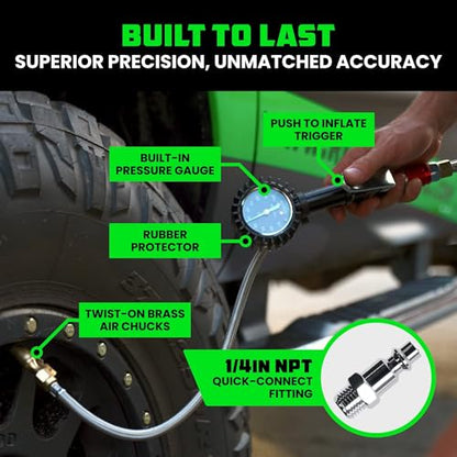 Rhino USA Tire Pressure Gauge with Inflator (0-100 PSI) - Heavy Duty Air Chuck and Compressor Accessories with Stainless Braided Hose, Large Analog Dial and Solid Brass Hardware for Truck and RV - style: 100psi Analog