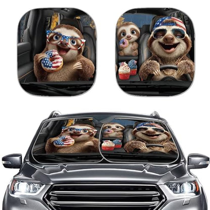 AFPANQZ America Flag Sloth Car Windshield Sun Shades Visor Car Front Window Sunshade Sun Protection UV Heat Reflector Women Men Vans Sun Visor SUV Truck 28.5"x25.5" - color: America Flag Sloth
