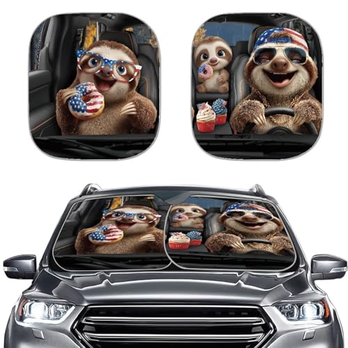 AFPANQZ America Flag Sloth Car Windshield Sun Shades Visor Car Front Window Sunshade Sun Protection UV Heat Reflector Women Men Vans Sun Visor SUV Truck 28.5"x25.5" - color: America Flag Sloth