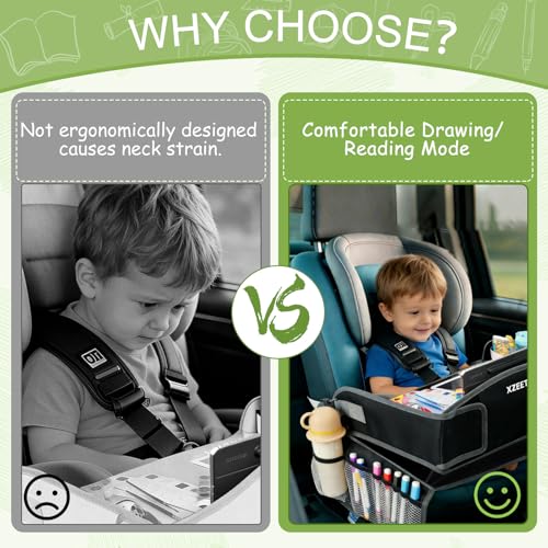 Kids Travel Tray for Car Lap Desk for Kids Ergonomic Elevated Angle Car Seat Tray with Cup Holder Storage Pockets Ideal Travel Essentials for Long Trips