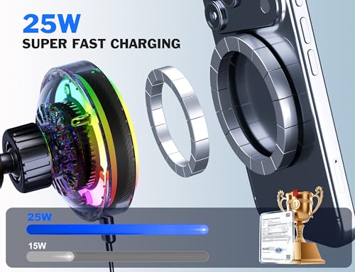 25W MagSafe Compatible Car Mount Charger with Air-Cooled, 3500gf Magnetic Phone Holder for iPhone and Android, Dash Air Vent with Rainbow Ambient Light Valentines Day Gifts