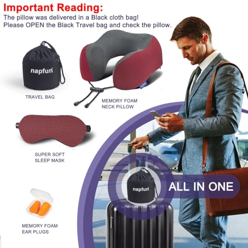 napfun Neck Pillow for Travel with Travel Pouch, Sleep Mask & Earplugs, Memory Foam Airplane Pillow for Headrest Sleep with Eyeshades, Plane Essentials with Eye Blindfold, Burgundy Striped Kit - color: Burgundy Striped Kit