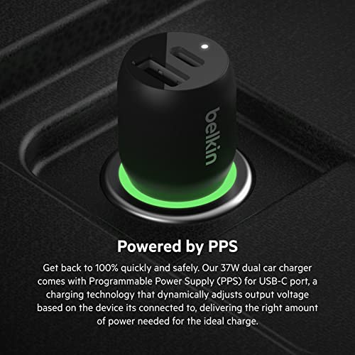 Belkin 37W Dual Port Fast Car Charger with 3.3ft USB-C Cable Included, USB-C 25W PPS Port and USB-A 12W Port for Galaxy S23, S23+, Ultra, Note20, iPhone 14, 13, 12, 11, Pro, Max, Mini and More - style: Dual USB-A & C 37W + USB-C Cable
