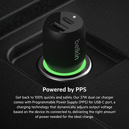 Belkin 37W Dual Port Fast Car Charger with 3.3ft USB-C Cable Included, USB-C 25W PPS Port and USB-A 12W Port for Galaxy S23, S23+, Ultra, Note20, iPhone 14, 13, 12, 11, Pro, Max, Mini and More - style: Dual USB-A & C 37W + USB-C Cable