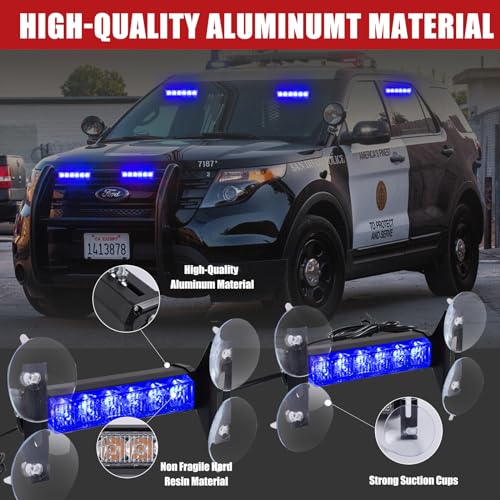 2X 6.1 inch Emergency Strobe Lights Blue 12 LED Hazard Warning Flashing Safety Dash Front/Rear Windshield Lights Grill Surface Mount for Police Firefighter Ambulance Vehicles Trucks Car - color: Blue
