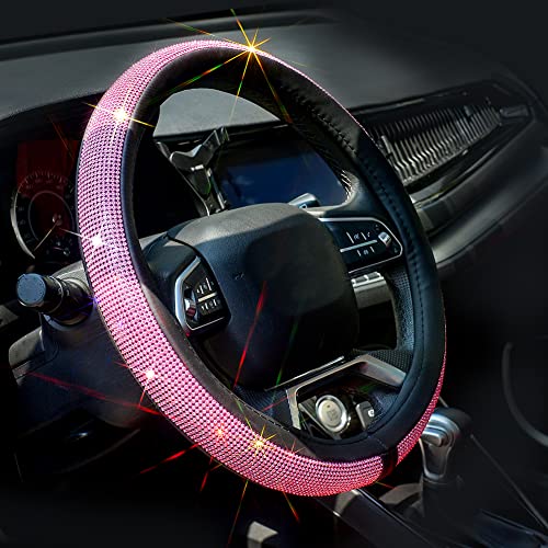 ChuLian New Diamond Leather Steering Wheel Cover with Bling Bling Crystal Rhinestones, Universal Fit 15 Inch Car Wheel Protector for Women Girls Pink Diamond - color: Pink Diamond, size: Standard Size[14"1/2-15"]