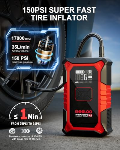 GOOLOO A3 Jump Starter with Air Compressor, 3000A Portable Car Battery Booster (9.0 Gas/6.5L Diesel) with 150PSI Auto-Shutoff Tire Inflator, 12V Supersafe Lithium Jump Box Car Battery Jumper Starter - color: Red