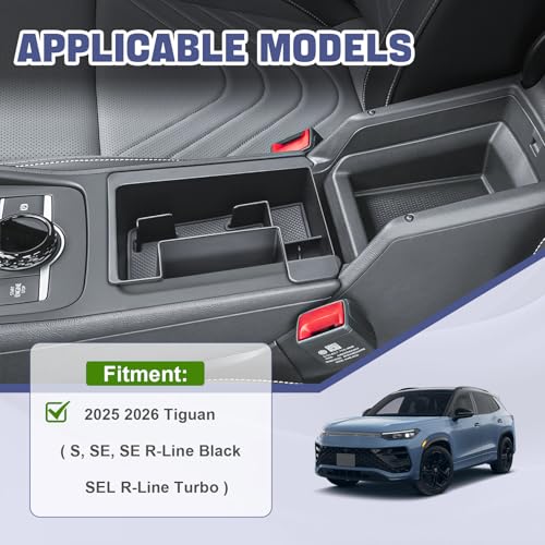 RUNROAD Center Console Organizer Tray Compatible with 2025 2026 VW Tiguan Accessories, Armrest Storage Box for Volkswagen Tiguan S SE SEL R-Line Middle Console Organizer Armrest Dividers Coin Holder