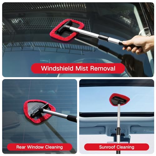 Qydipclin 11pcs Windshield Cleaner Tool, Car Window Cleaning Wash Kit with 6 Reusable Microfiber Pads 2 Spray Bottles and Extendable Handles Auto Glass Wiper Kit, Red - color: Red