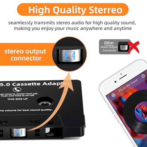 Car Audio Bluetooth 5.0 Cassette Receiver,Cassette Bluetooth Adapter for Car Tape Player, Hands-Free Calling, Stereo Two-Channel, Compatibility with Smartphones, Tablets, MP3, Black