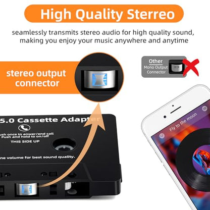 Car Audio Bluetooth 5.0 Cassette Receiver,Cassette Bluetooth Adapter for Car Tape Player, Hands-Free Calling, Stereo Two-Channel, Compatibility with Smartphones, Tablets, MP3, Black