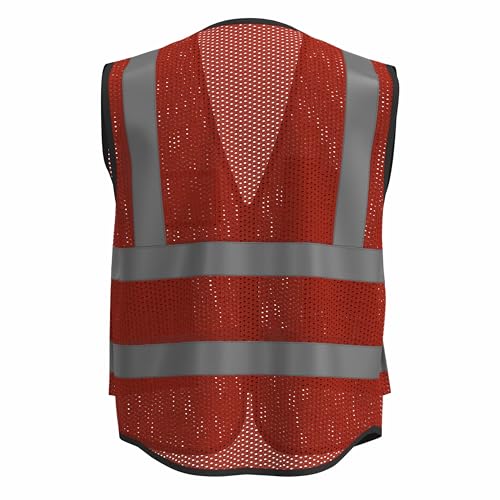 caparazon Unisex High-Visibility Reflective Safety Vest with Zippered Pockets - ANSI/ISEA Certified for Enhanced Work Safety - color: Red Mesh