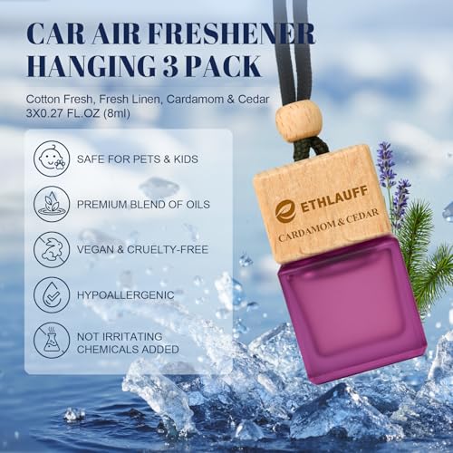Car Air Freshener Hanging, 3 Pcs Cotton Fresh, Fresh Linen, Cardamom & Cedar, Car Scent Air Fresheners Diffuser for Car, 45+ days Long Lasting Fragrance, 0.27 FL OZ/8ML