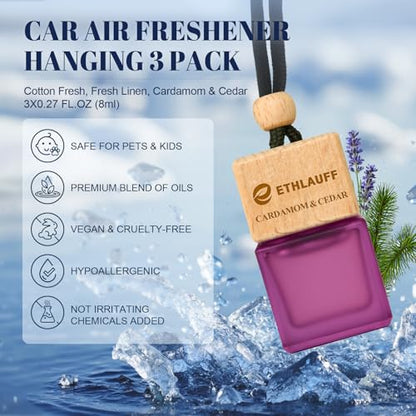 Car Air Freshener Hanging, 3 Pcs Cotton Fresh, Fresh Linen, Cardamom & Cedar, Car Scent Air Fresheners Diffuser for Car, 45+ days Long Lasting Fragrance, 0.27 FL OZ/8ML