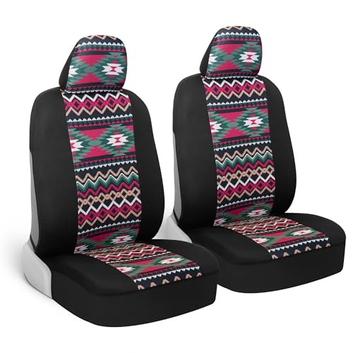 BDK Pink Inca Car Seat Covers for Front Seats, 2 Pack– Geometric Print Front Seat Cover Set with Matching Headrest, Sideless Design for Easy Installation, Universal Fit for Car Truck Van and SUV - color: Inca Tocapu Pattern