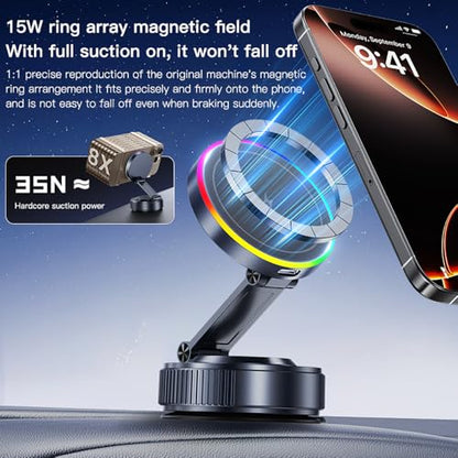 for MagSafe Car Mount Charger[15W Wireless Fast Charging], Car Vacuum Magnetic Phone Holder[120LBS Ultra Suction Cup & 3000gf Magnet ], Adjustable Suction Phone Mount for Your Car for iPhone 17-12