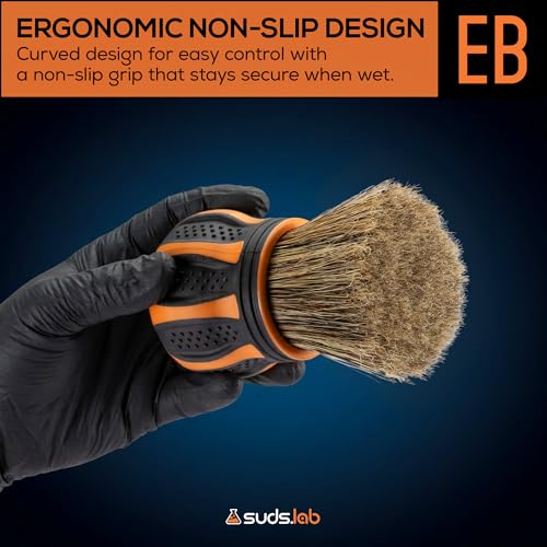 Suds Lab Elite-Bristle Boar’s Hair Car Detailing Brush – Deep Cleaning Car Detail Brush with Stand – Metal-Free, High Absorbency Detailing Tool for Scratch-Free Interior & Exterior - size: Boar Hair