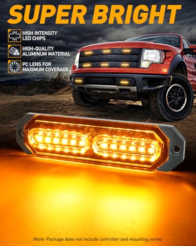 HLauto 1200T Emergency Strobe Grille Lights: 8pcs 12 LED Sync Feature Safety Warning Flashing Lights, Ultra Slim Surface Mount Hazard Caution Lights for Trucks, Vehicles, Car, ATV, UTV (Amber) - color: Amber