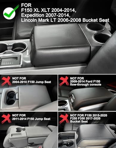 Center Console Cover for Ford F150 XL XLT 2004-2014, Expedition 2007-2014, Lincoln Mark LT 2006-2008, PU Leather Middle Armrest Cusion Protector, Bucket Seat Only, Anti-Scratch - size: Bucket Seat, 04-14 F150 XL XLT, black stitch