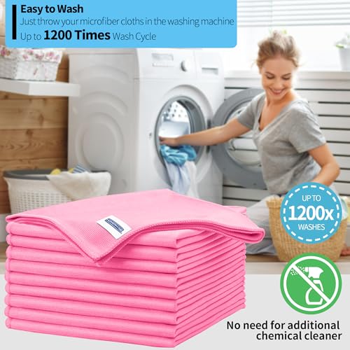 Microfiber Cleaning Cloth - 10 Pack Glasses Cleaning Cloth, 16" x 14" Window Cleaning Rags, Streak Free Lint Free Polishing Cloths Wipes for Eye Glass, Stainless Steel, Windshield, Pink - color: Pink, size: 10 Pk-16" X 14"