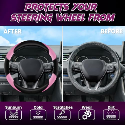 Soft Leather Steering Wheel Cover with Breathable Design and Anti-Slip Grip, Fully Compatible with Tesla, Toyota, Honda, Nissan 14.5-15.2 inch Round Steering Wheel（Sedans and SUVs） - color: DOUBLE-PINK