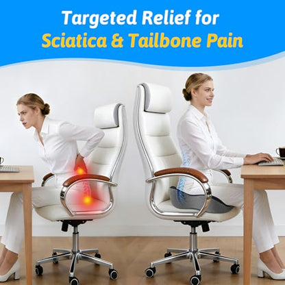 Seat Cushion for Tailbone & Sciatica Pain Relief – Certified & Ergonomist-Designed – Tapered Front Edge Reduces Thigh Pressure – Wide Memory Foam for Office Chair, Car, Wheelchair - color: Black & Gray