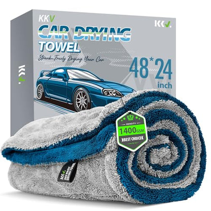 KKV Full-Sized SUV Drying Towel, 48”x24” Dual Sided Microfiber Car Cleaning Towel with Twisting Yarn Technique, 1400GSM Super Absorbent, Scratch-Free, Machine Washable (LightGrey-MarineBlue) - color: Lightgrey-marineblue