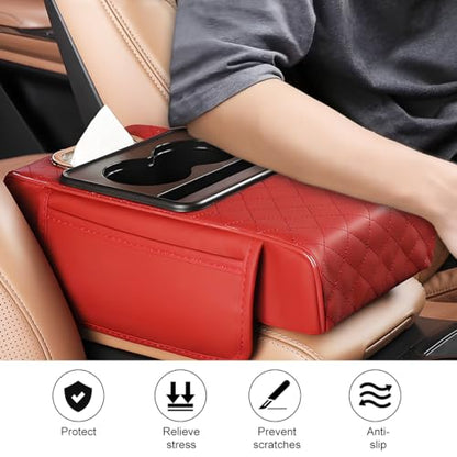 Car Armrest Cushion, 5-in-1 Nappa Leather Vehicle Centre Console Cover with 2 Storage Pockets, Cup Phone & Phone Holder, Multifunctional Auto Organiser Accessories, Universal Fit (Wine Red) - color: Wine Red
