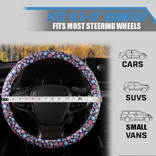 Floral Print Steering Wheel Cover with Silicone Inner Ring, Non-Toxic, Odorless Silicone Leather with Non-Fading Pattern for Men Women, Universal 14.5 to 15 Inch (Flower Print) - style: Flower Print