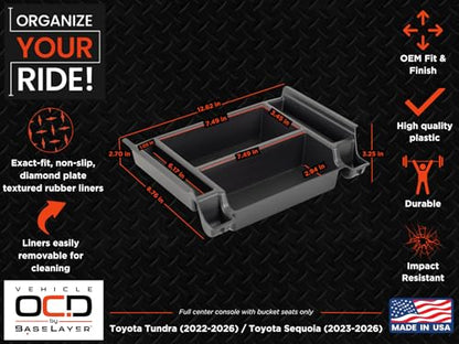 Vehicle OCD - Center Console Organizer Tray for Toyota Tundra (2022-2026) / Sequoia (2023-2026) – Made in USA - NOT compatible with center console safe - SLX184 - size: 2022-2026, style: Tray