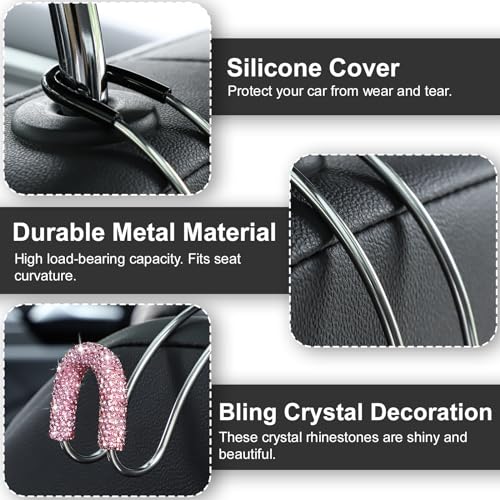 Soleebee 2 Pack Bling Car Headrest Hooks Crystal Rhinestones Universal Car Seat Hook Auto Hook Durable Car Back Seat Hangers Storage Organizer (Pink) - color: Pink