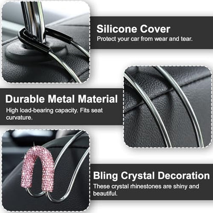 Soleebee 2 Pack Bling Car Headrest Hooks Crystal Rhinestones Universal Car Seat Hook Auto Hook Durable Car Back Seat Hangers Storage Organizer (Pink) - color: Pink