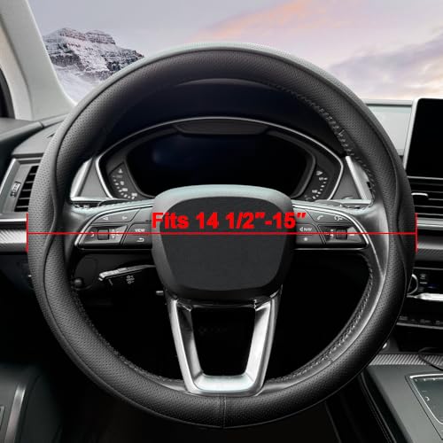 HAOTULE Leather Steering Wheel Cover， with Anti-Slip Stripe Design - Enhanced Grip, Fashion Style, Safe, Non-Slip, Breathable. Upgrade car Interior，Black - color: Black