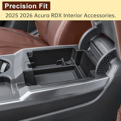 Center Console Organizer Tray Compatible with Acura RDX 2025 2026 Accessories – Custom Fit Armrest Storage Box Insert for 2025-2026 RDX Dual-Layer Compartment with Coin/Card Holder Rubber Mat