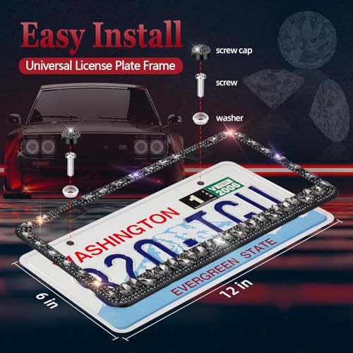 OKLPF Rhinestone Bling License Plate Frames for Women - Sparkle with Glitter Crystals & Diamond Bedazzled License Plate Cover, Fits Standard US Plates, Comes with Anti-Theft Screws & Gift Box(Black) - color: Black, size: 2pc