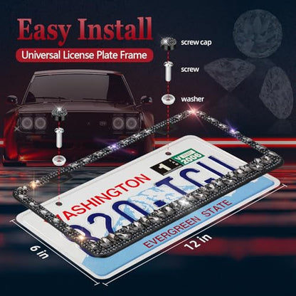 OKLPF Rhinestone Bling License Plate Frames for Women - Sparkle with Glitter Crystals & Diamond Bedazzled License Plate Cover, Fits Standard US Plates, Comes with Anti-Theft Screws & Gift Box(Black) - color: Black, size: 2pc